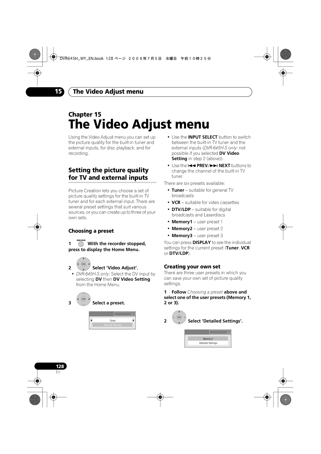 Pioneer DVR-645H-S, DVR-545H-S manual Video Adjust menu Chapter, Setting the picture quality for TV and external inputs 