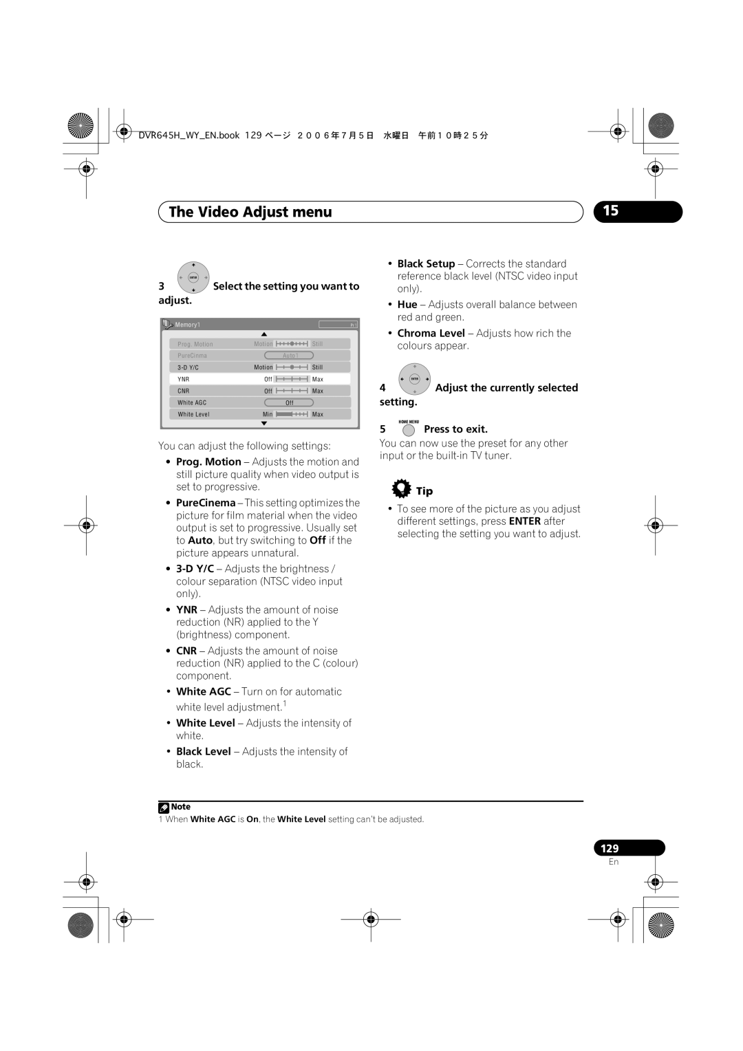 Pioneer DVR-545H-S manual Video Adjust menu, Select the setting you want to Adjust, Adjust the currently selected Setting 