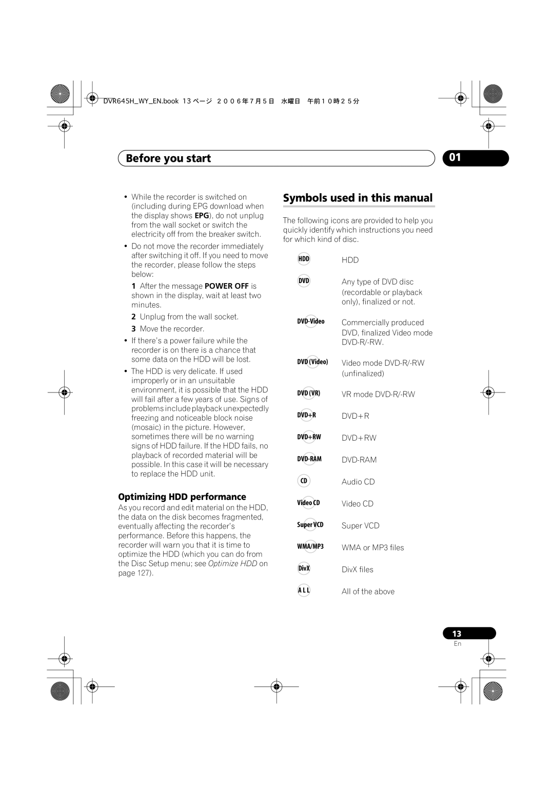 Pioneer DVR-545H-S, DVR-645H-S Symbols used in this manual, Optimizing HDD performance 