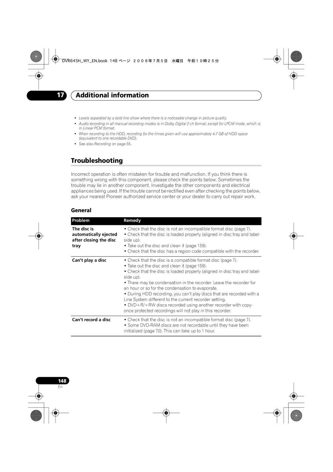 Pioneer DVR-645H-S, DVR-545H-S manual Additional information, Troubleshooting, General, Problem Remedy 