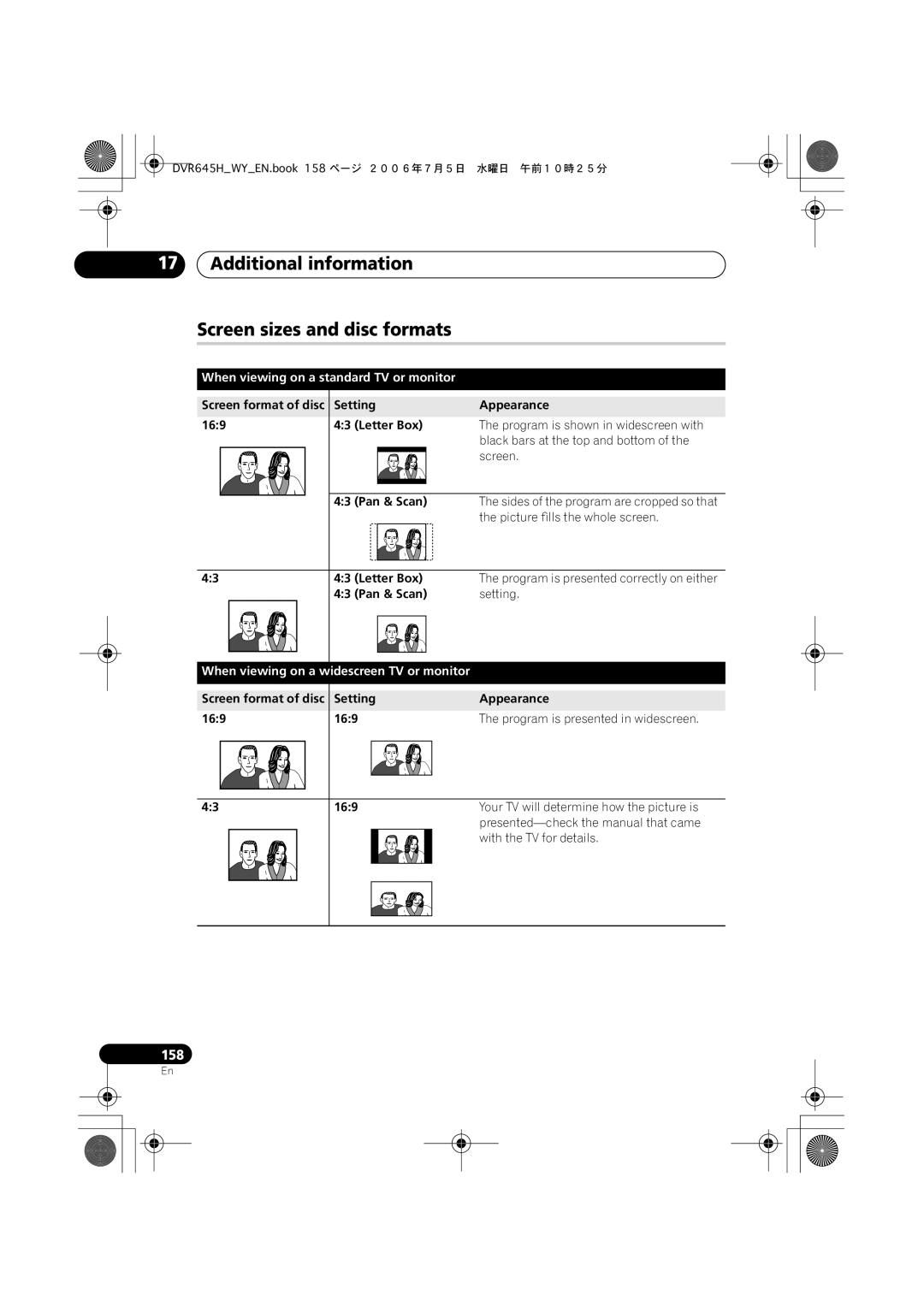 Pioneer DVR-645H-S manual Additional information Screen sizes and disc formats, When viewing on a standard TV or monitor 