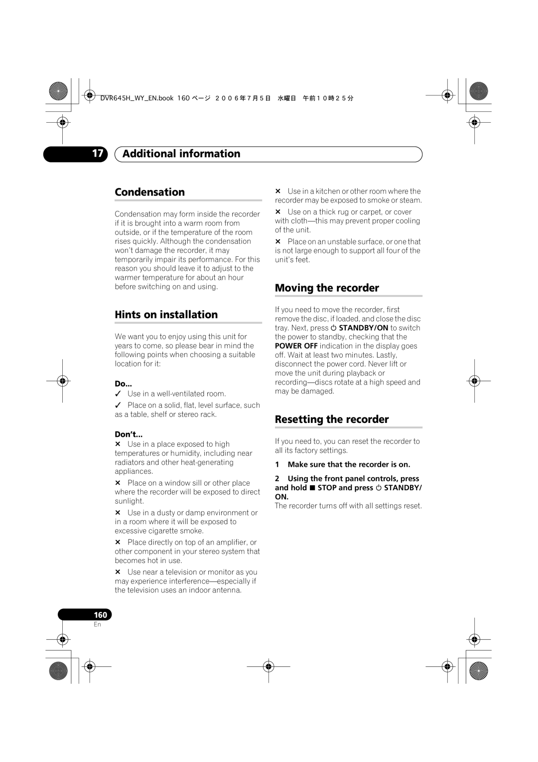 Pioneer DVR-645H-S Additional information Condensation, Hints on installation, Moving the recorder, Resetting the recorder 