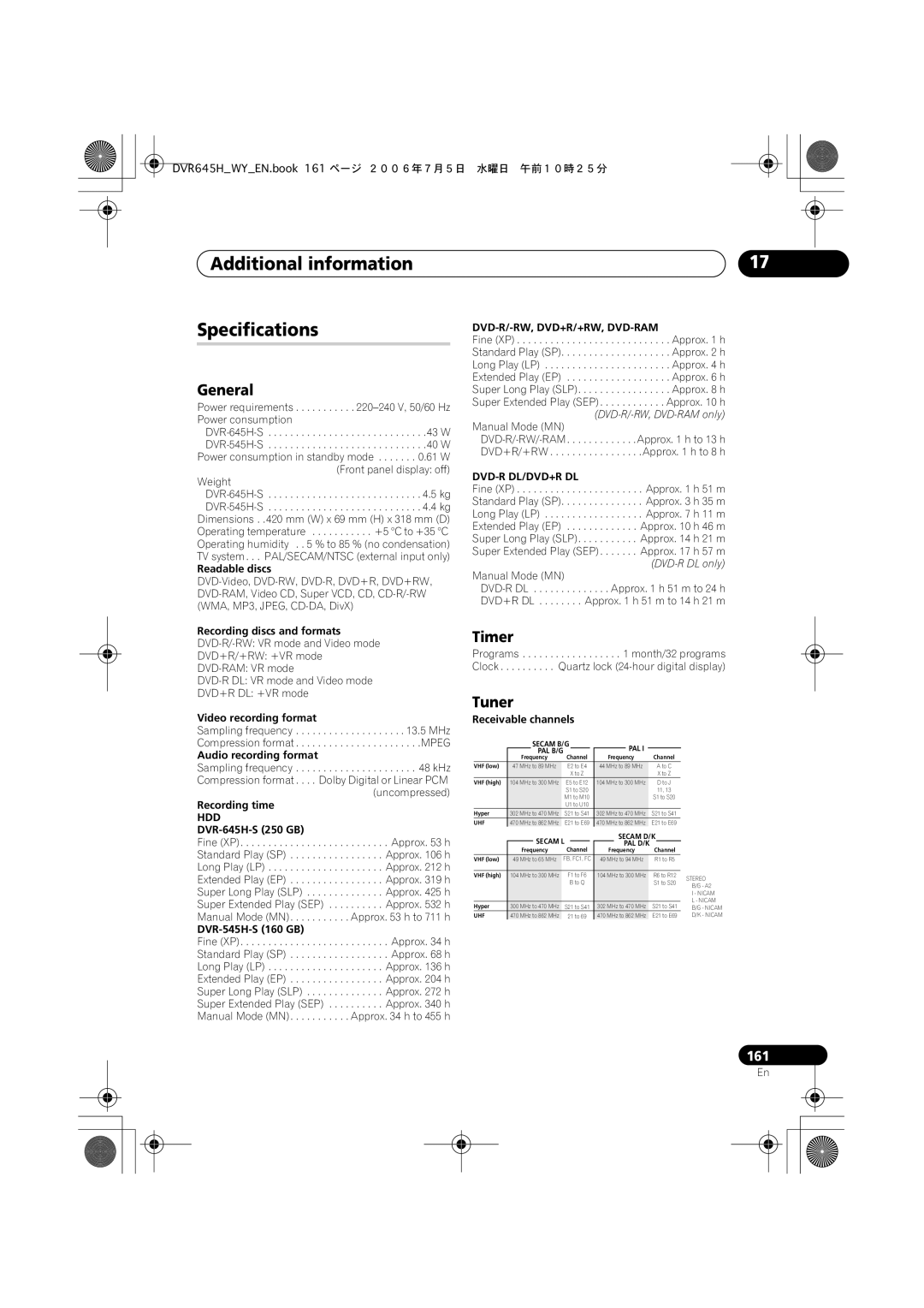 Pioneer DVR-545H-S, DVR-645H-S manual Additional information Specifications, Timer, Tuner 