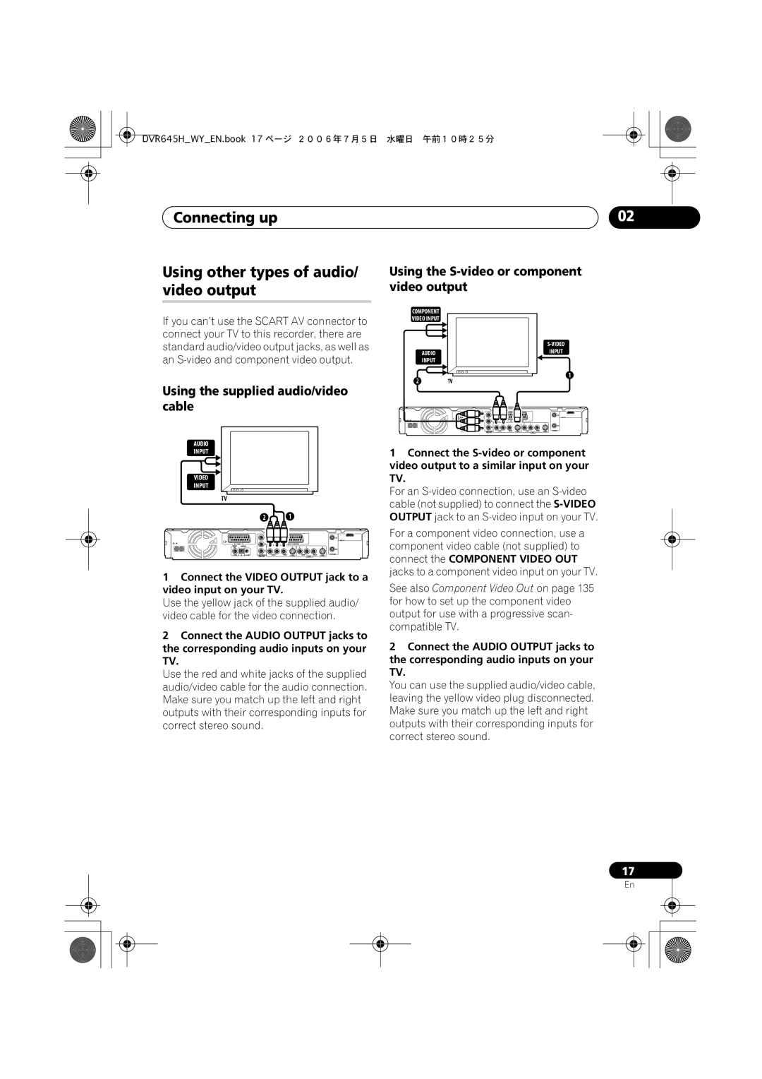 Pioneer DVR-545H-S Connecting up Using other types of audio/ video output, Using the S-video or component video output 