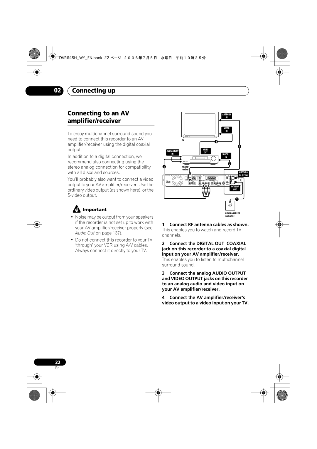 Pioneer DVR-645H-S, DVR-545H-S manual Connecting up Connecting to an AV amplifier/receiver 