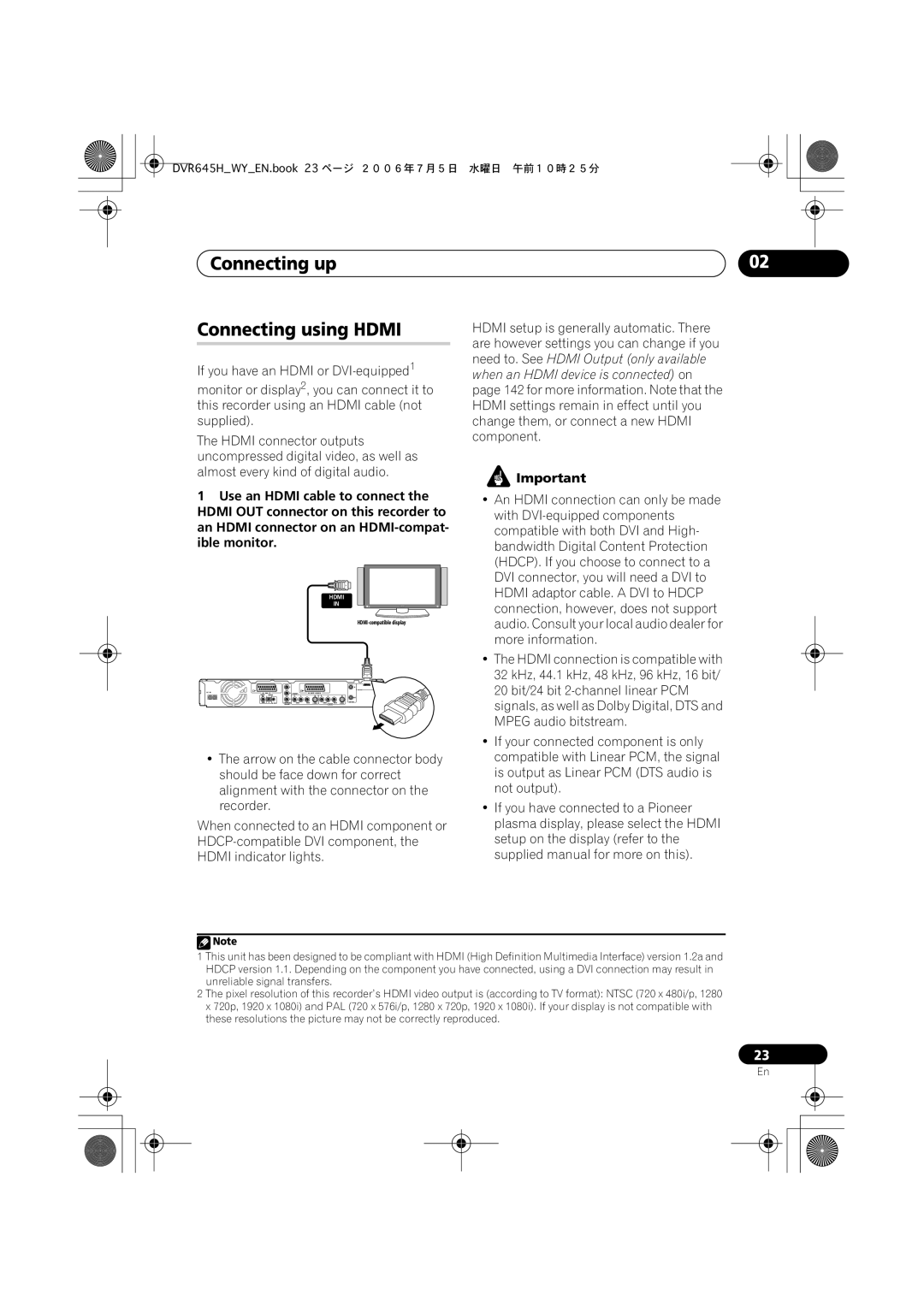 Pioneer DVR-545H-S, DVR-645H-S manual Connecting up Connecting using Hdmi 