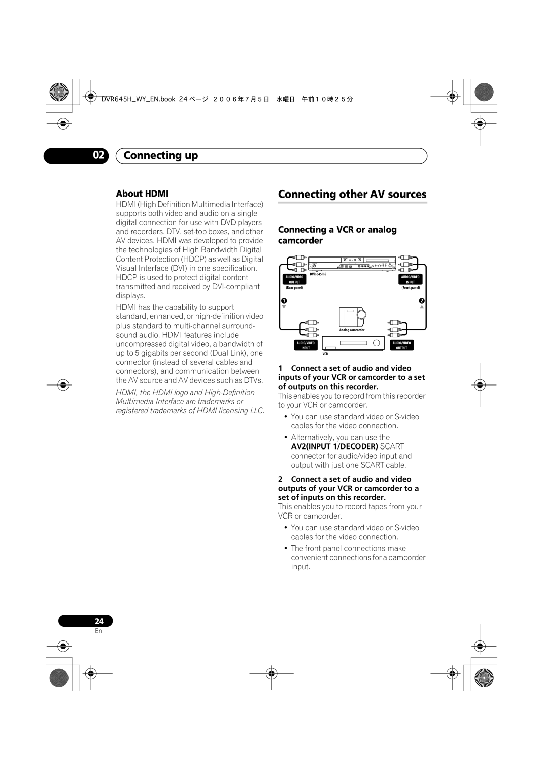 Pioneer DVR-645H-S, DVR-545H-S manual Connecting other AV sources, About Hdmi, Connecting a VCR or analog camcorder 