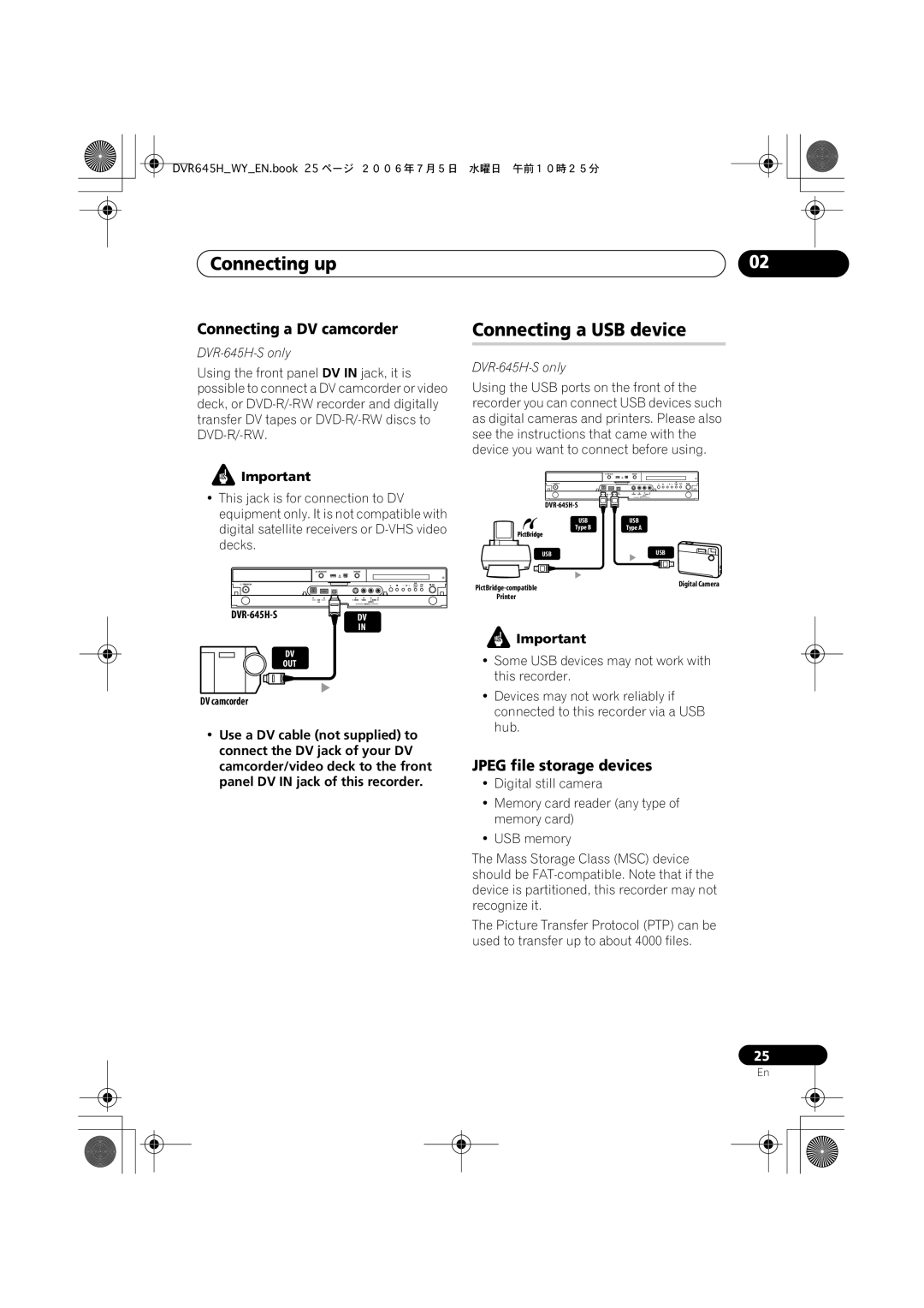 Pioneer DVR-545H-S manual Connecting a USB device, Connecting a DV camcorder, Jpeg file storage devices, DVR-645H-S only 