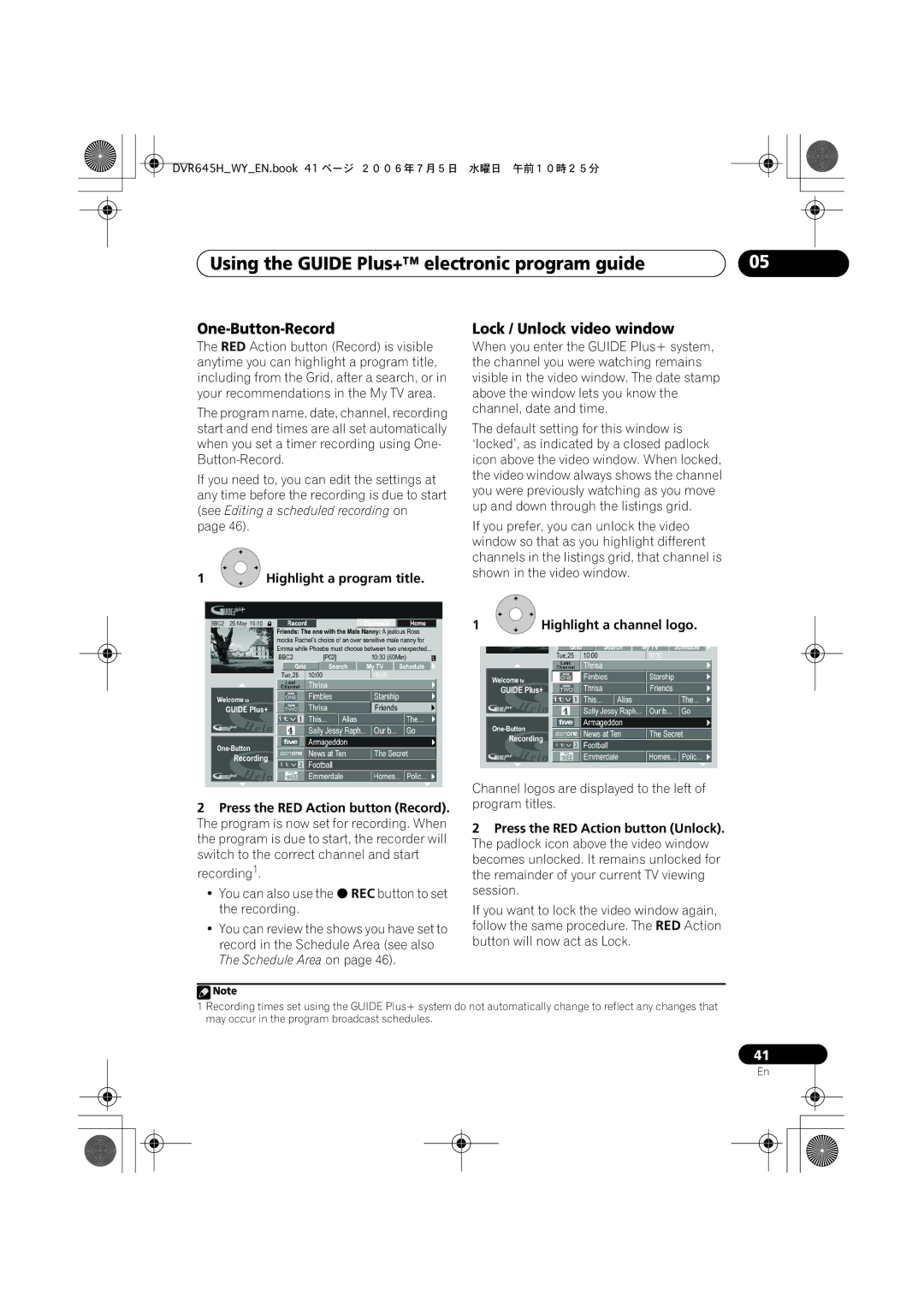 Pioneer DVR-545H-S manual Using the Guide Plus+ electronic program guide, One-Button-Record, Lock / Unlock video window 