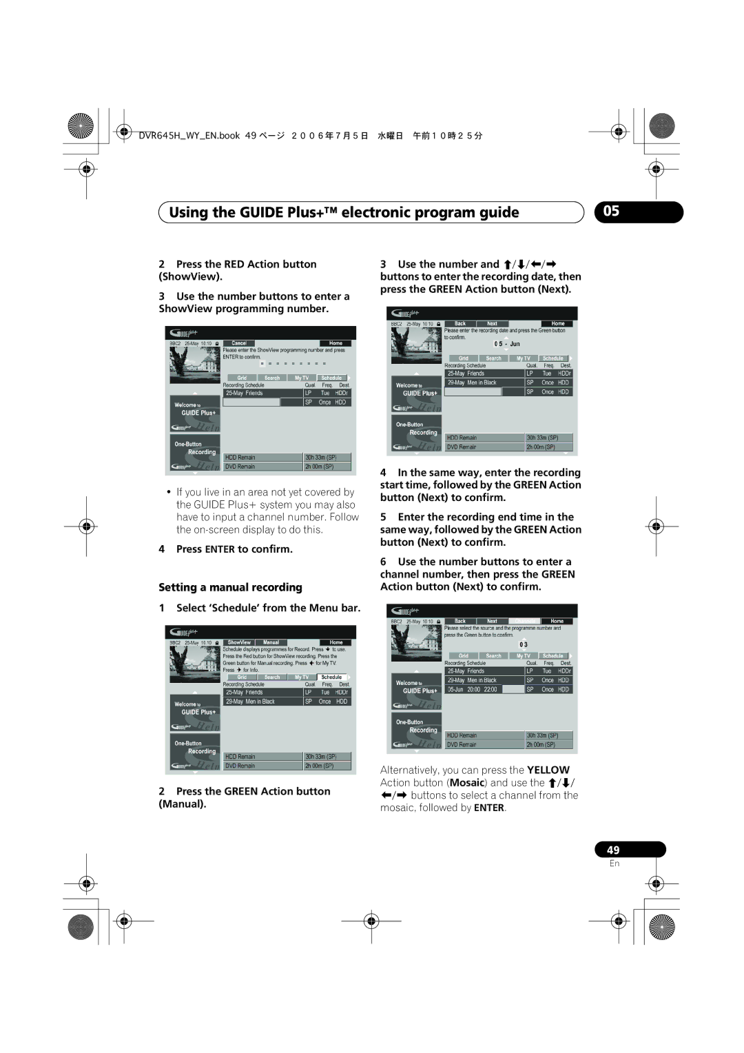 Pioneer DVR-545H-S, DVR-645H-S Setting a manual recording, Press Enter to confirm 