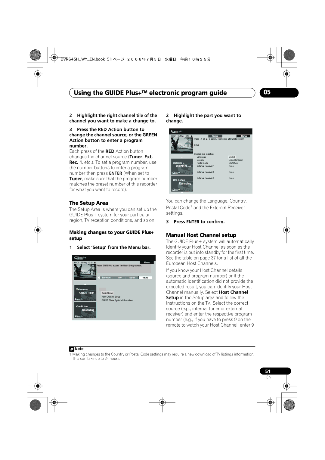 Pioneer DVR-545H-S, DVR-645H-S manual Setup Area, Manual Host Channel setup, Making changes to your Guide Plus+ setup 