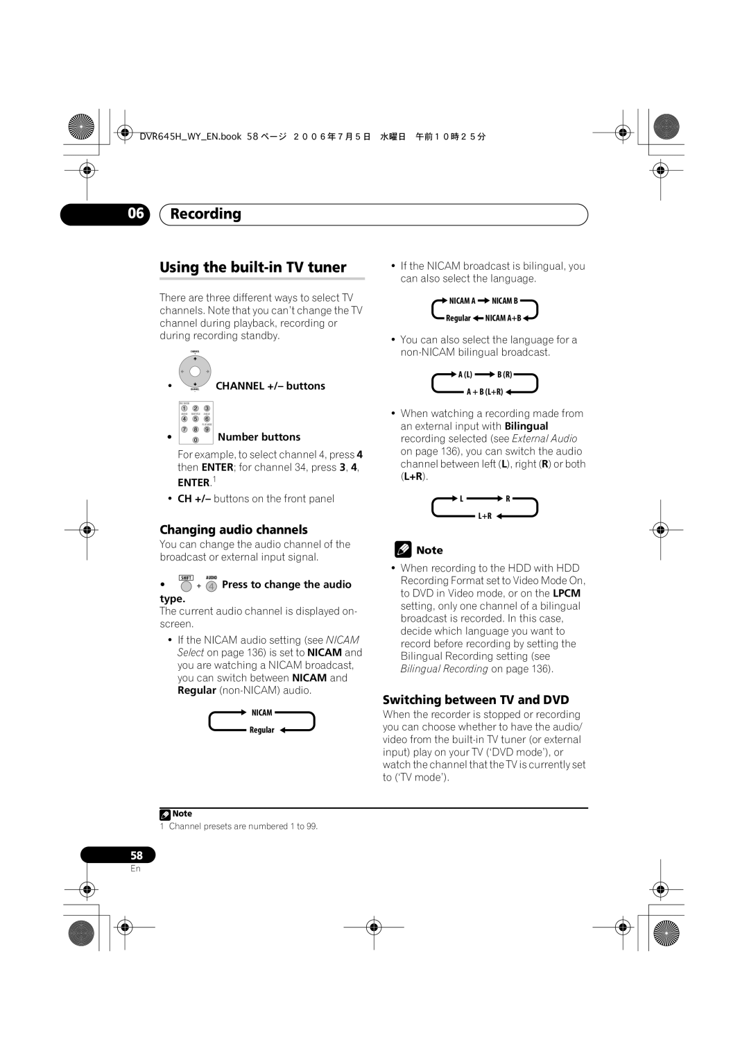Pioneer DVR-645H-S Recording Using the built-in TV tuner, Changing audio channels, Switching between TV and DVD, ENTER.1 