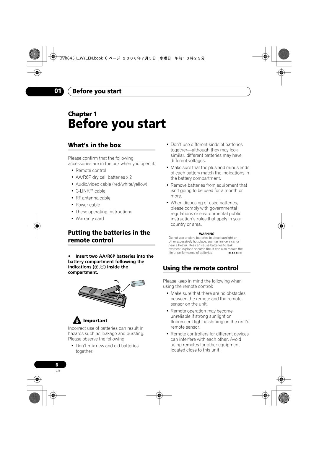 Pioneer DVR-645H-S manual Before you start Chapter, What’s in the box, Putting the batteries in the remote control 