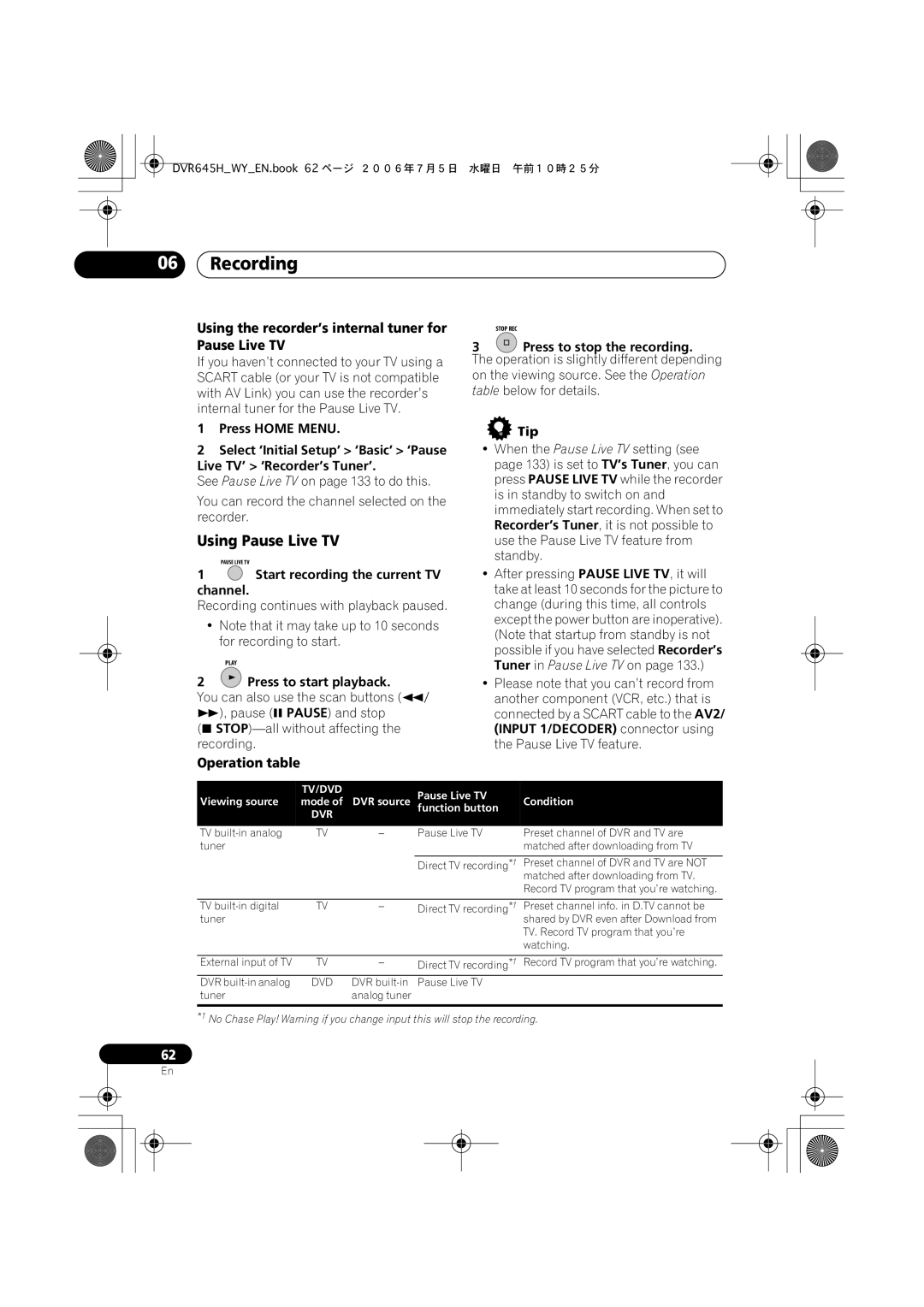 Pioneer DVR-645H-S, DVR-545H-S Using Pause Live TV, Using the recorder’s internal tuner for Pause Live TV, Operation table 