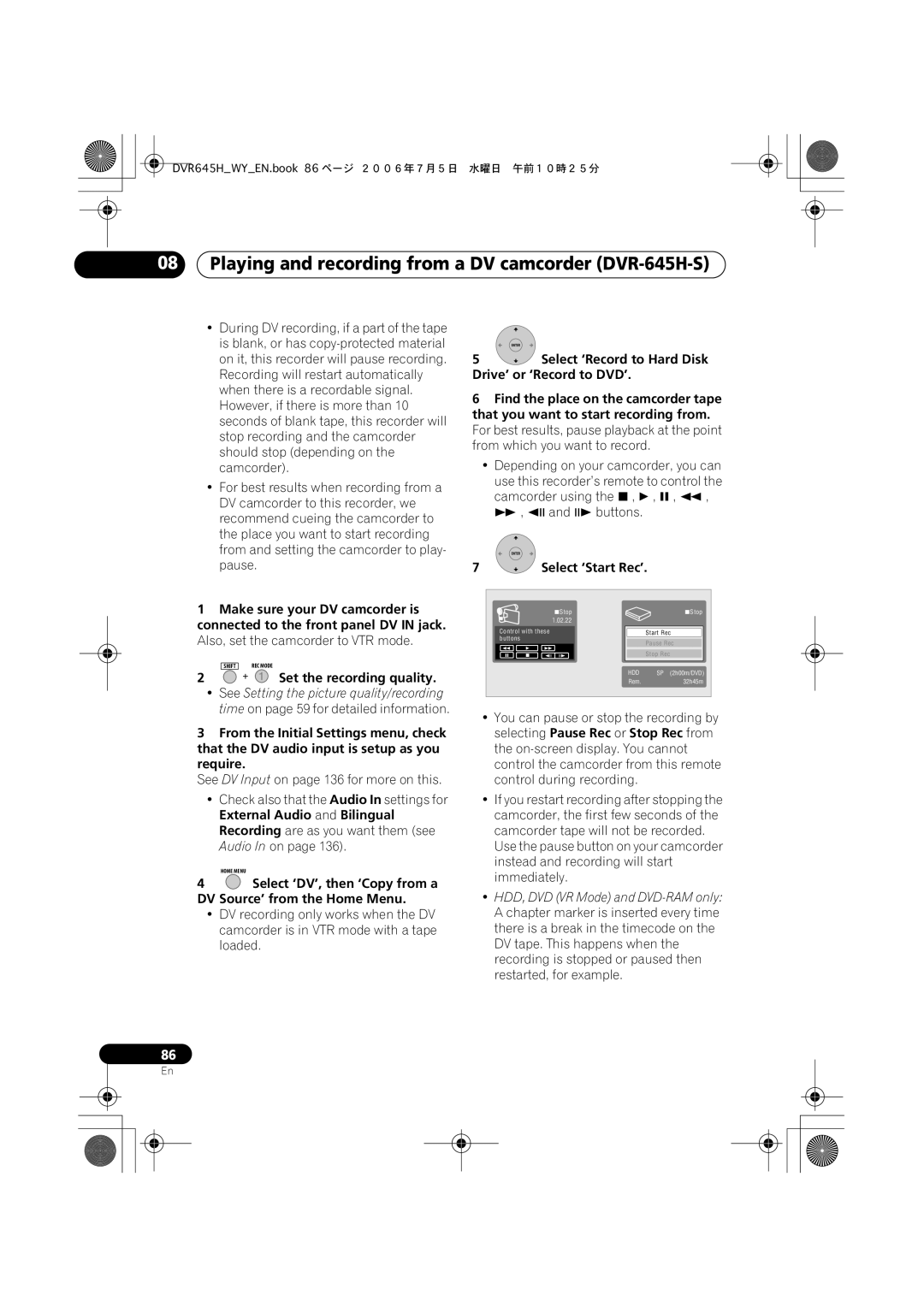 Pioneer DVR-545H-S manual Playing and recording from a DV camcorder DVR-645H-S, Select ‘Start Rec’ 