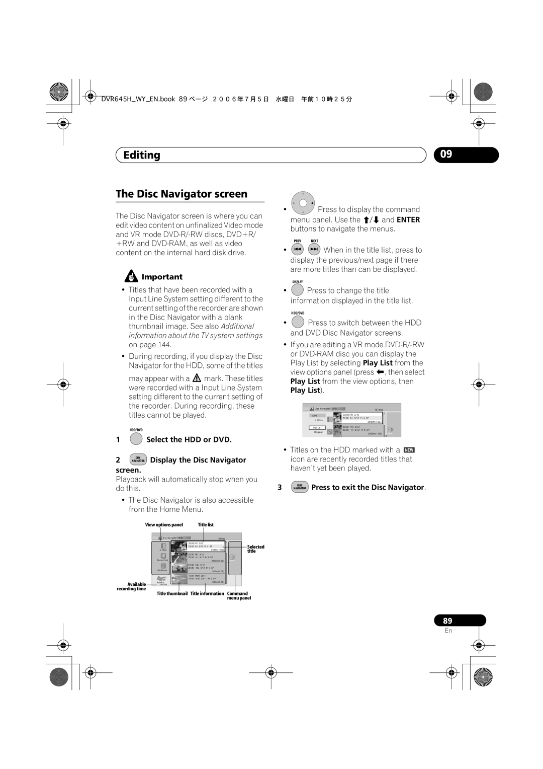 Pioneer DVR-545H-S, DVR-645H-S manual Editing Disc Navigator screen, Display the Disc Navigator, Screen 