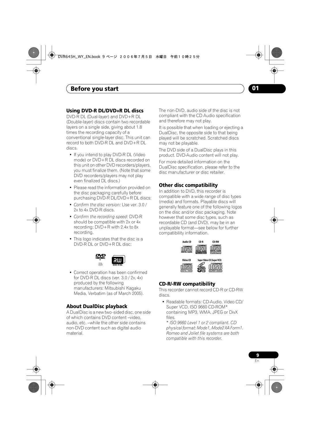 Pioneer DVR-545H-S, DVR-645H-S manual Using DVD-R DL/DVD+R DL discs, Other disc compatibility, About DualDisc playback 
