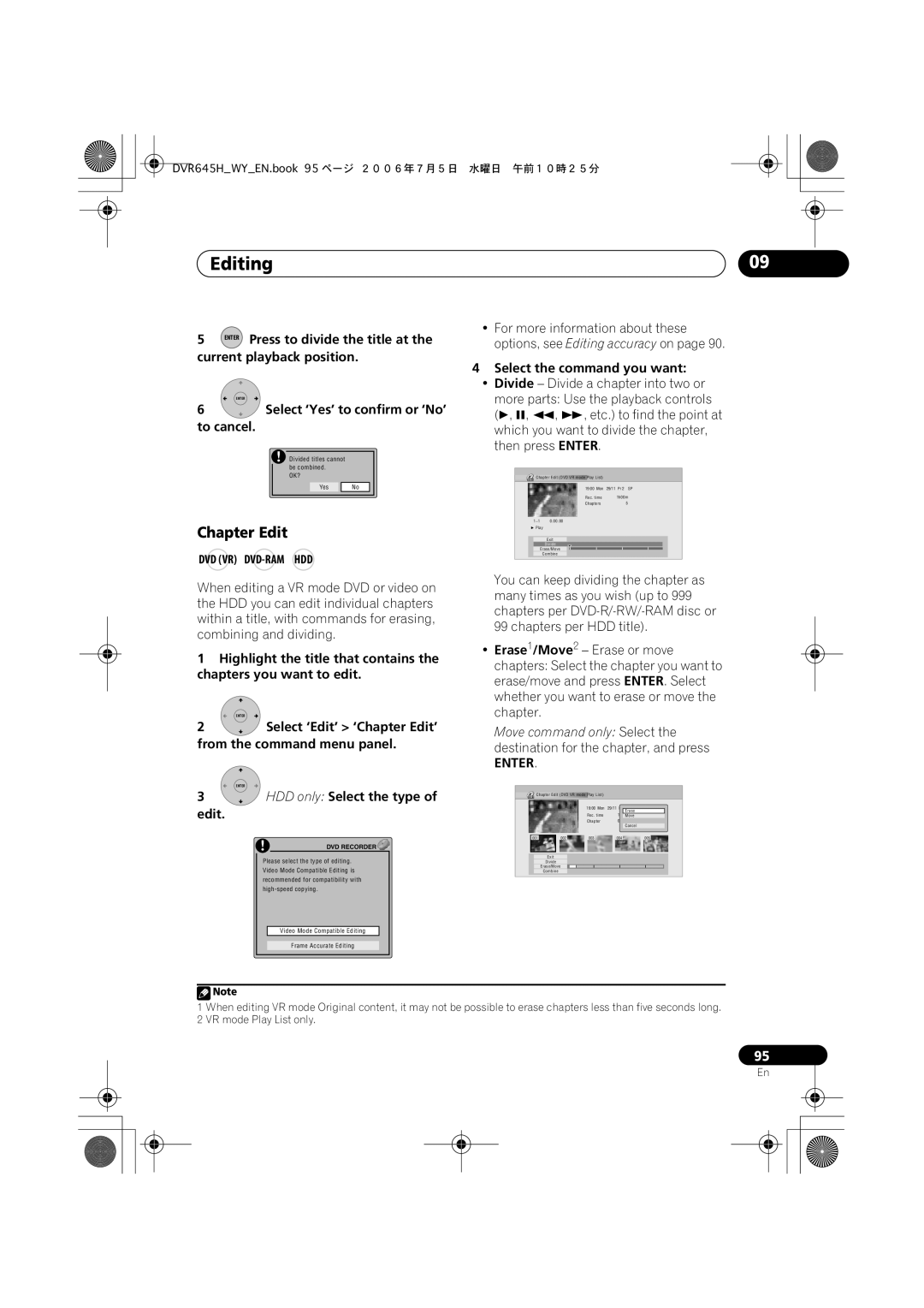 Pioneer DVR-545H-S Chapter Edit, Enter Press to divide the title at, Current playback position Select the command you want 