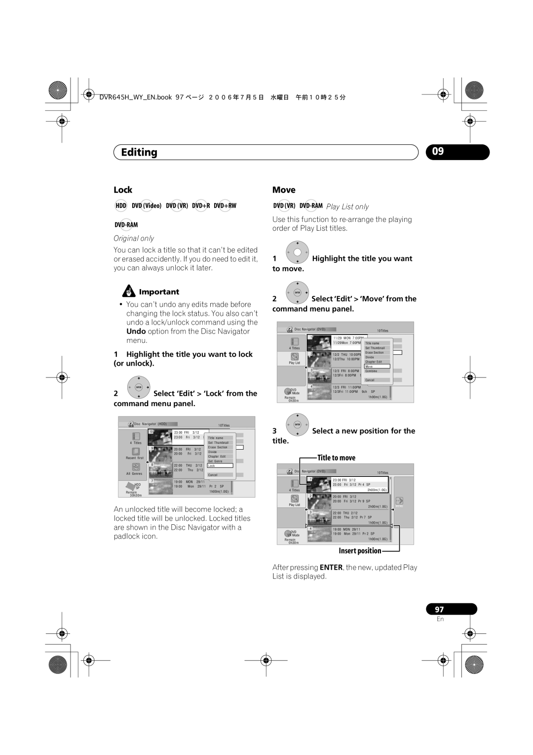 Pioneer DVR-545H-S, DVR-645H-S manual Insert position, To move, Highlight the title you want to lock, Or unlock 