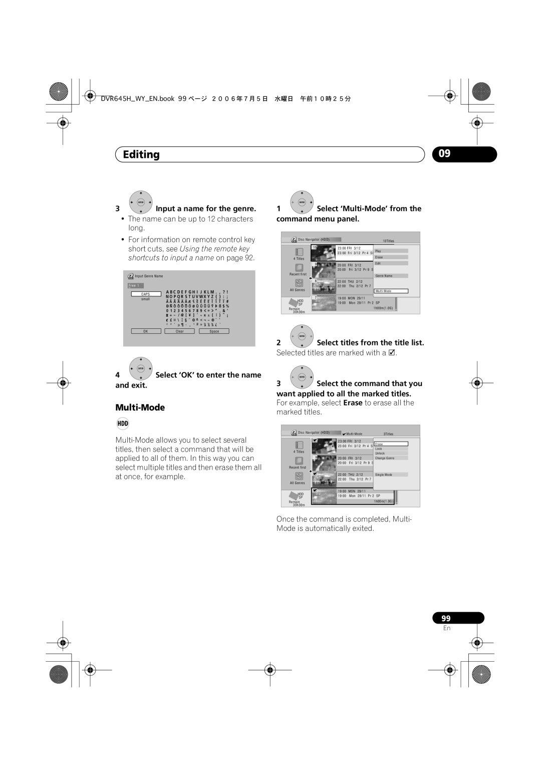 Pioneer DVR-545H-S manual Multi-Mode, Input a name for the genre, Name can be up to 12 characters Command menu panel Long 