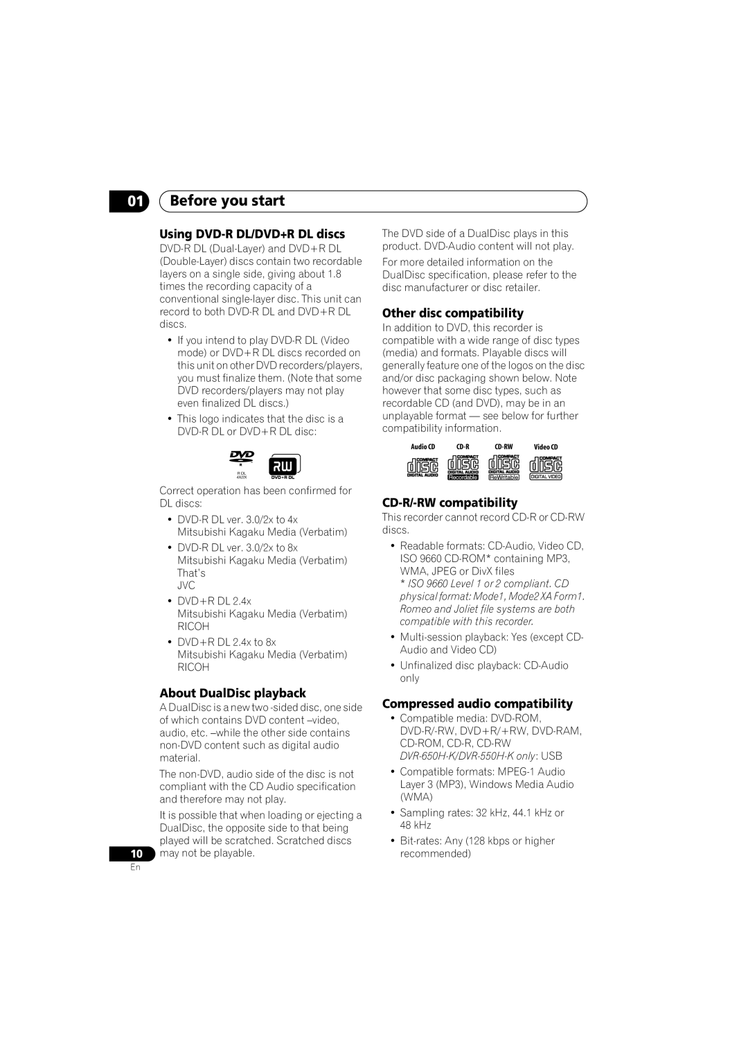 Pioneer DVR-650H-K operating instructions Using DVD-R DL/DVD+R DL discs, About DualDisc playback, Other disc compatibility 