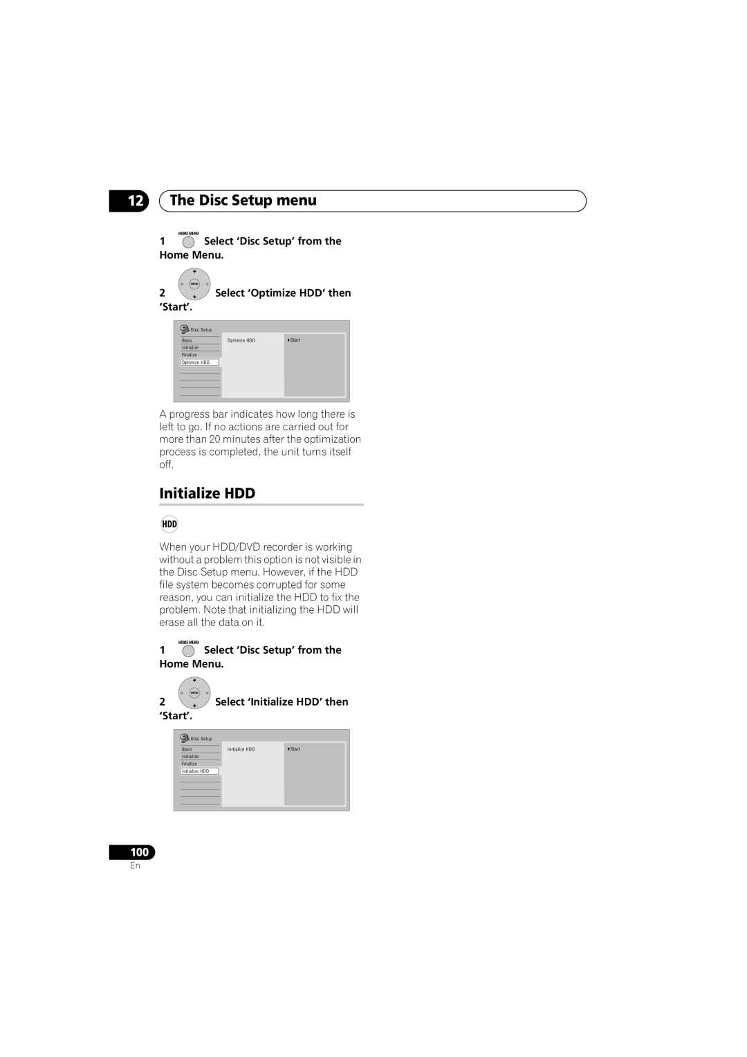 Pioneer DVR-650H-K operating instructions Disc Setup menu, Initialize HDD, Select ‘Optimize HDD’ then ‘Start’ 