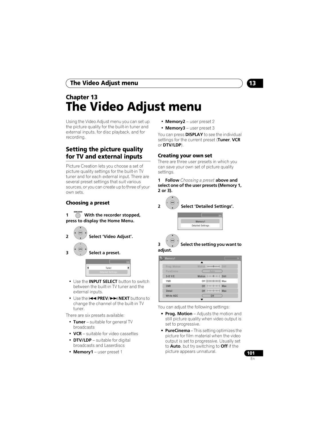 Pioneer DVR-650H-K Video Adjust menu Chapter, Setting the picture quality for TV and external inputs 