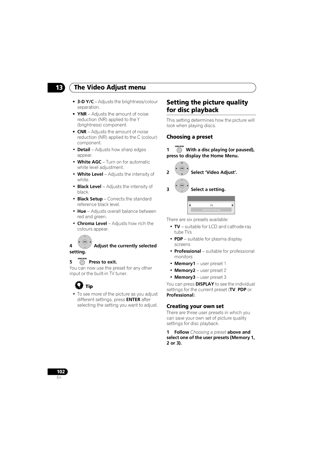 Pioneer DVR-650H-K Video Adjust menu, Setting the picture quality for disc playback, Adjust the currently selected Setting 