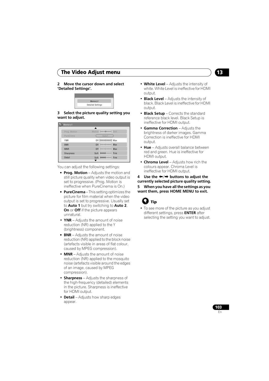 Pioneer DVR-650H-K operating instructions Move the cursor down and select ‘Detailed Settings’, Gamma Correction Adjusts 