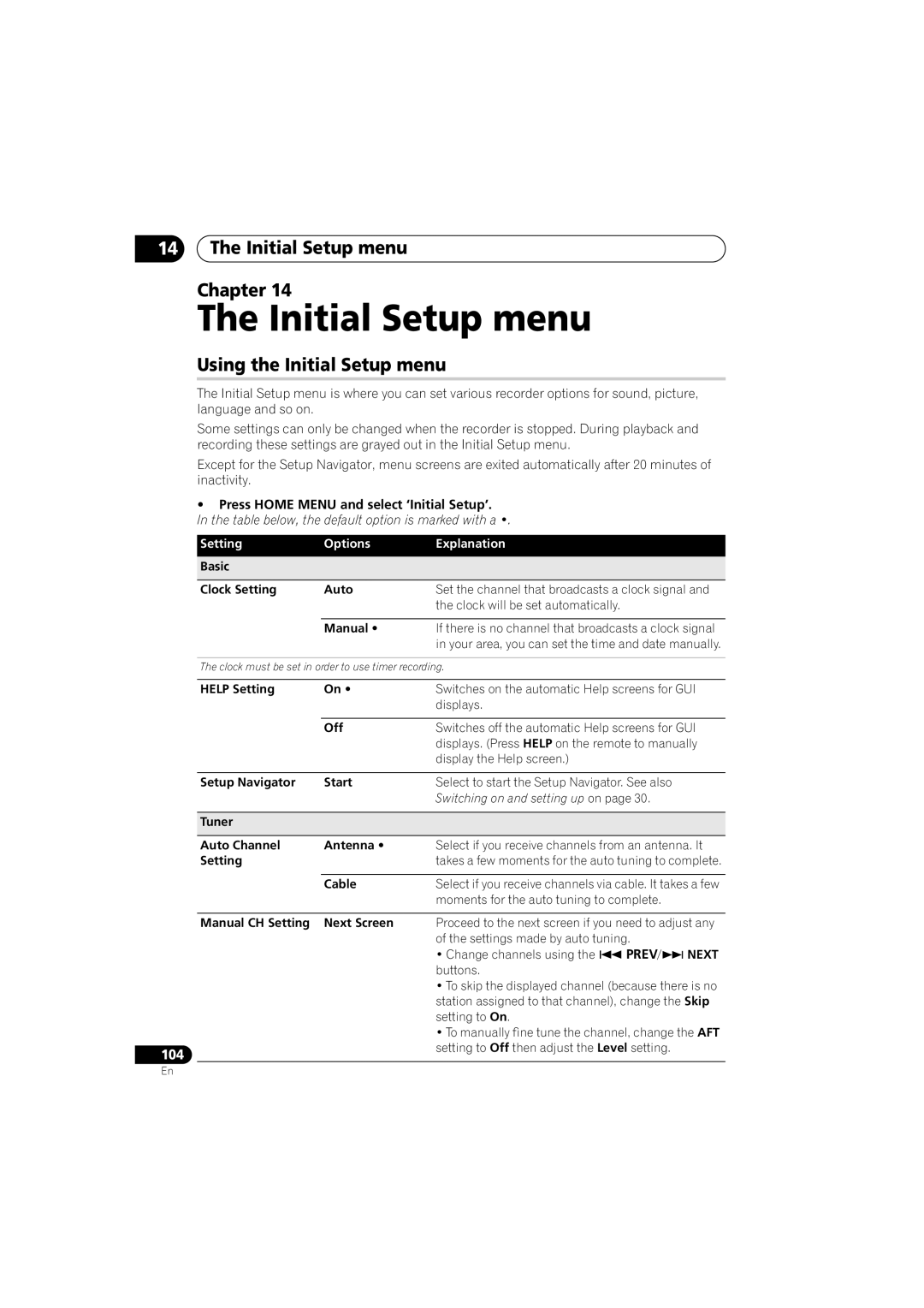 Pioneer DVR-650H-K operating instructions Initial Setup menu Chapter, Using the Initial Setup menu, Prev Next 