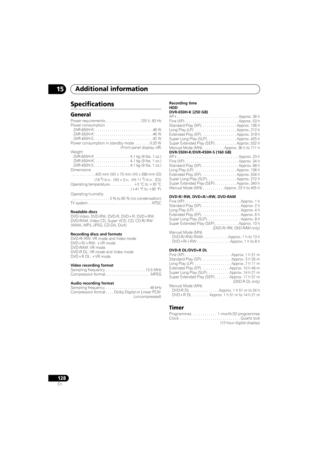 Pioneer DVR-650H-K operating instructions Additional information Specifications, Timer 