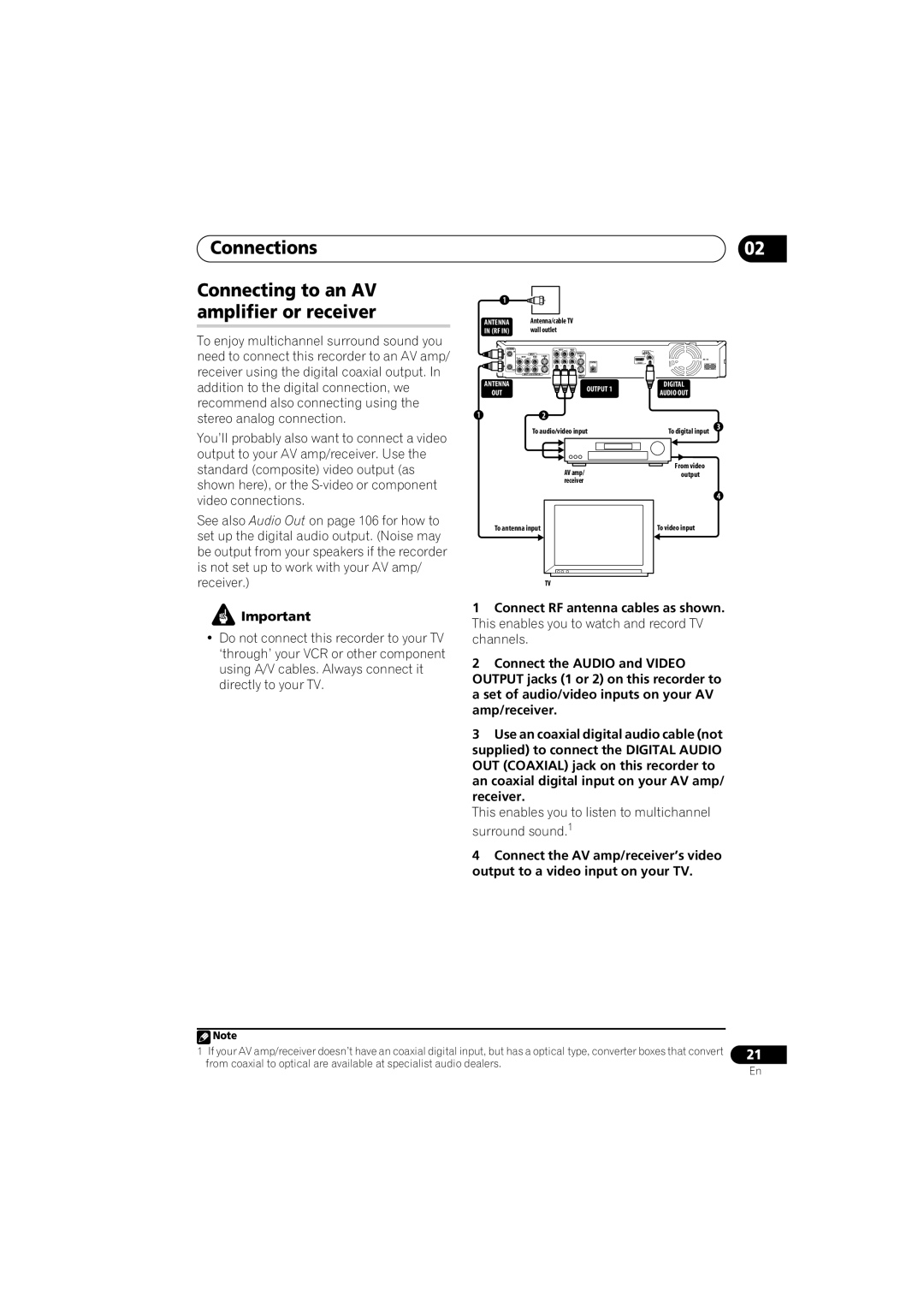 Pioneer DVR-650H-K operating instructions Video connections, Connecting to an AV amplifier or receiver 