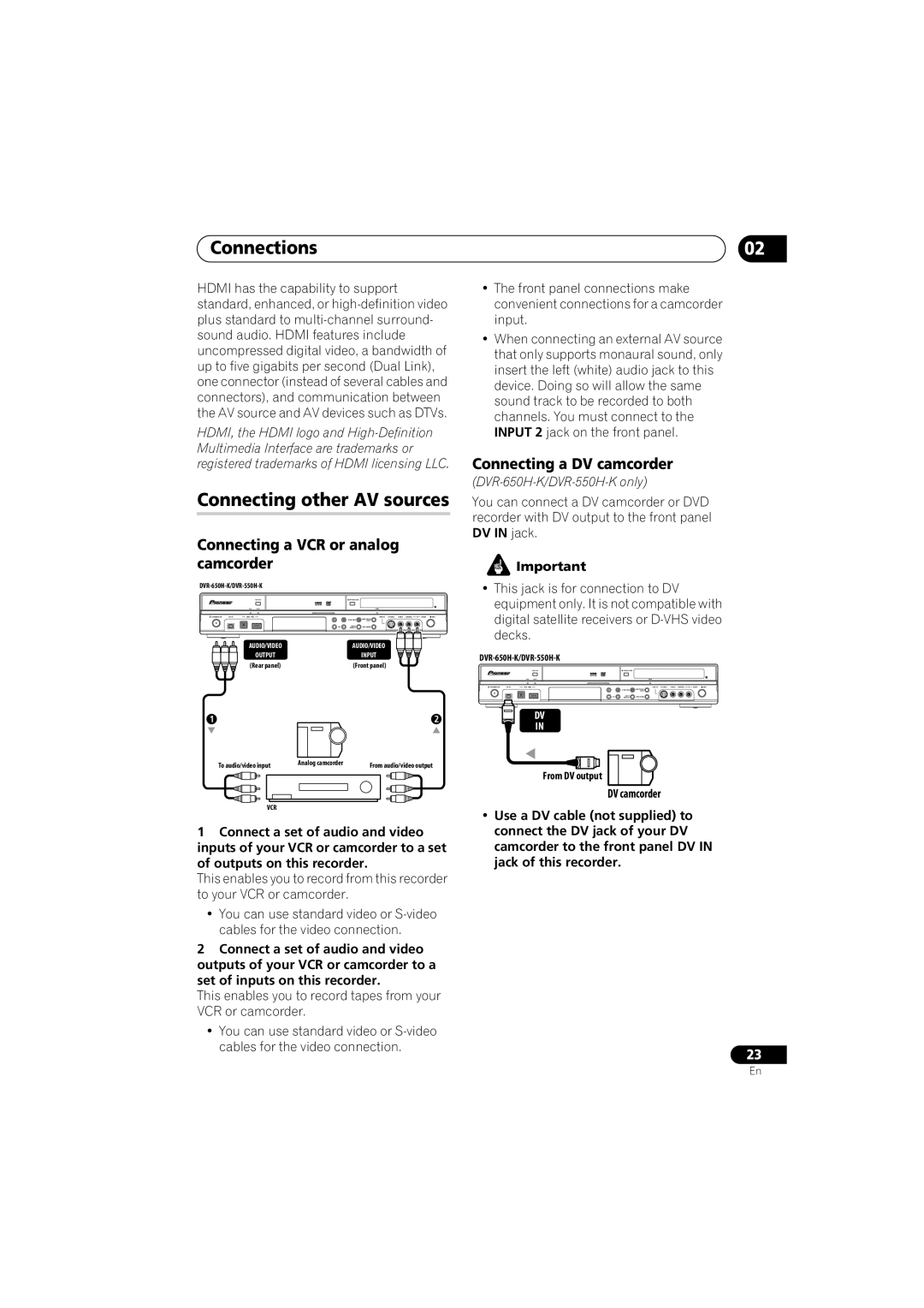 Pioneer DVR-650H-K operating instructions Connections, Connecting other AV sources, Connecting a VCR or analog camcorder 