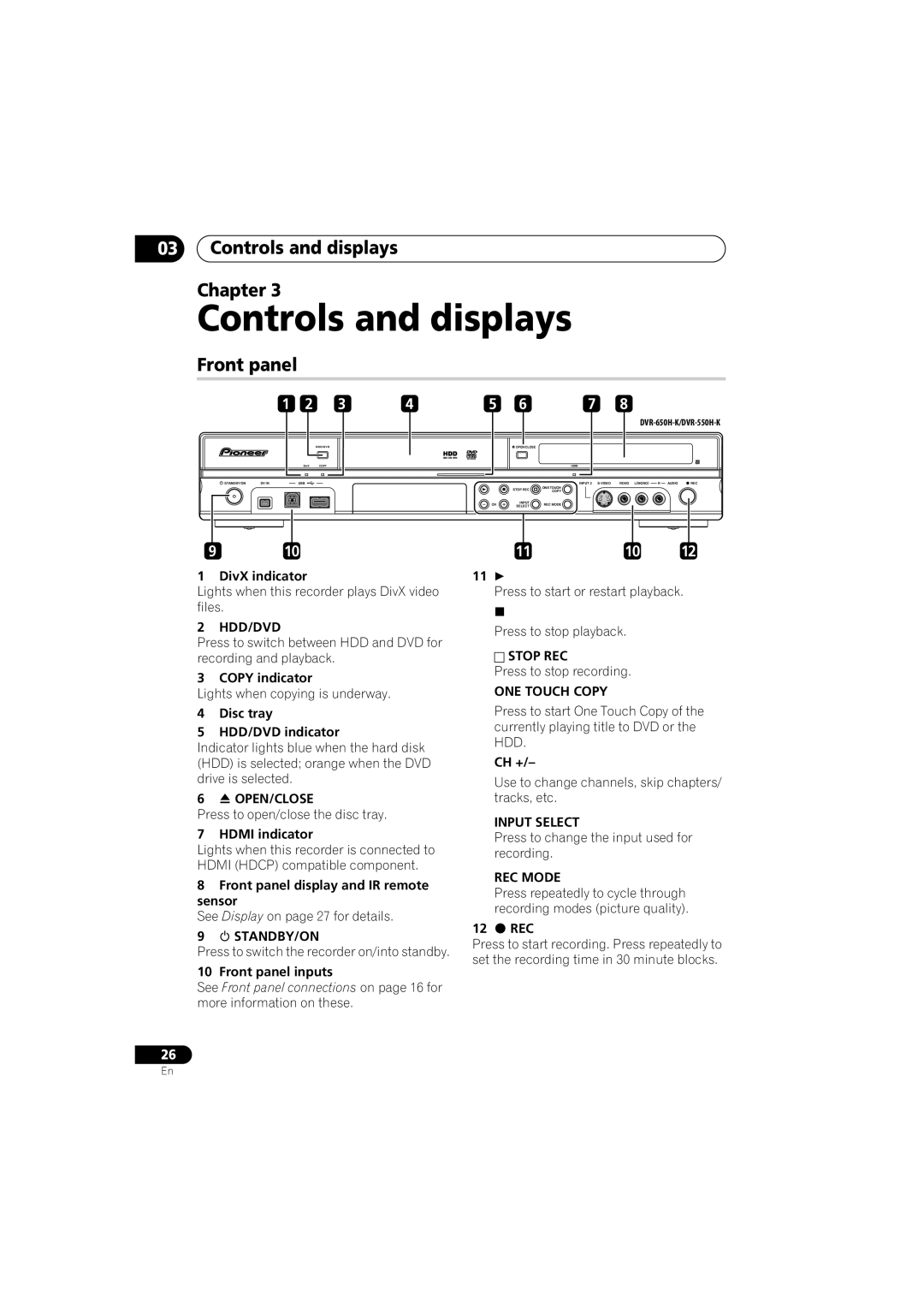 Pioneer DVR-650H-K operating instructions Controls and displays Chapter, Front panel 