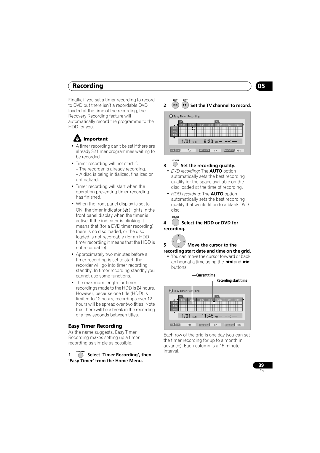 Pioneer DVR-650H-K Easy Timer Recording, Set the recording quality, Select the HDD or DVD for recording 