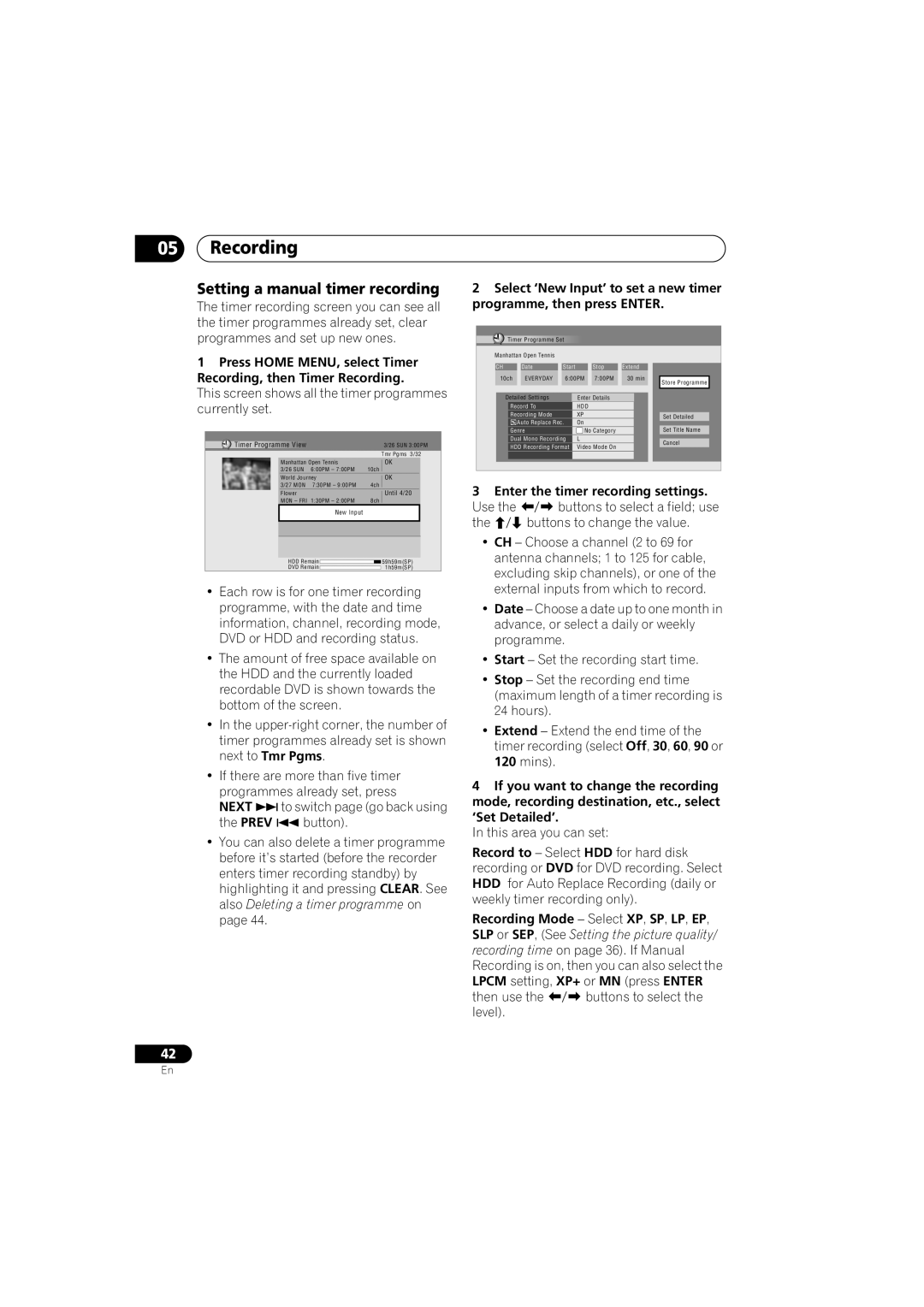 Pioneer DVR-650H-K Setting a manual timer recording, Next, Prev Button, Enter the timer recording settings 