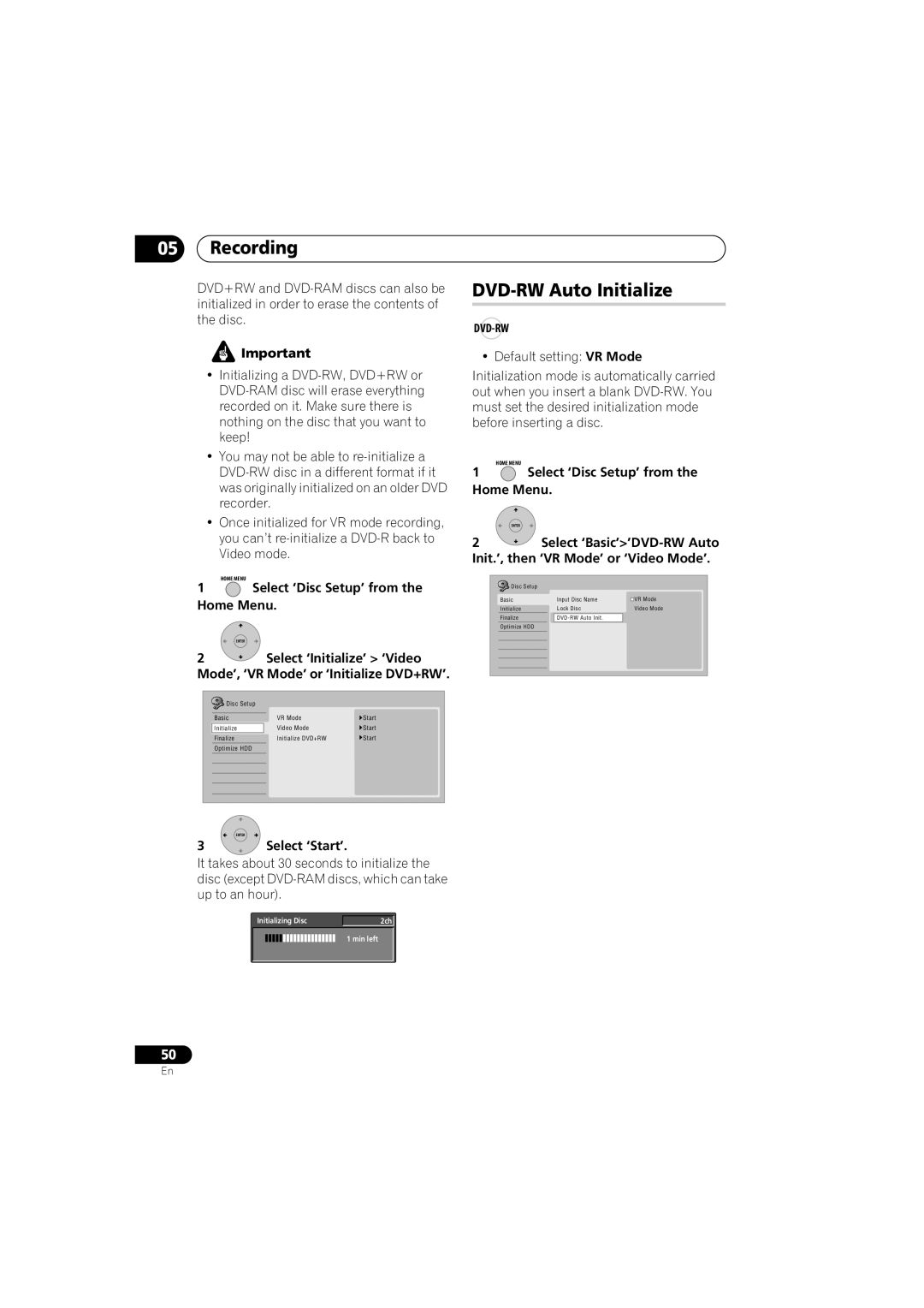 Pioneer DVR-650H-K DVD-RW Auto Initialize, Select ‘Disc Setup’ from the Home Menu, Dvd-Rw, Select ‘Start’ 