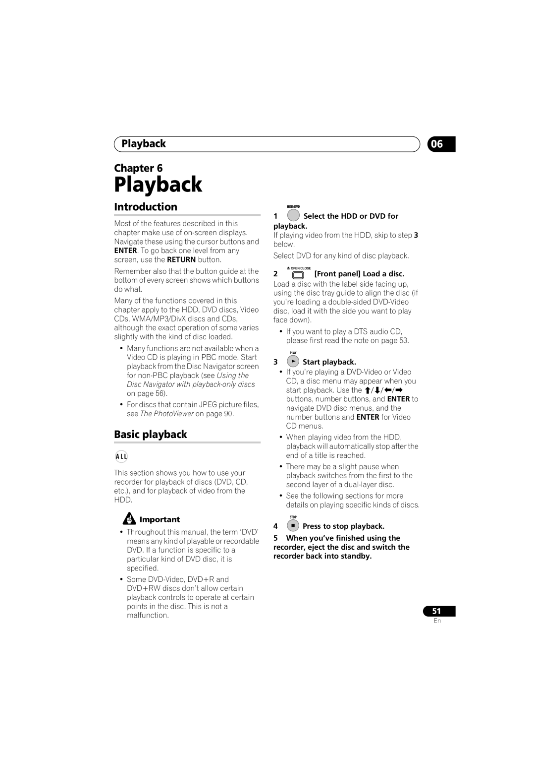 Pioneer DVR-650H-K operating instructions Playback Chapter, Introduction, Basic playback 