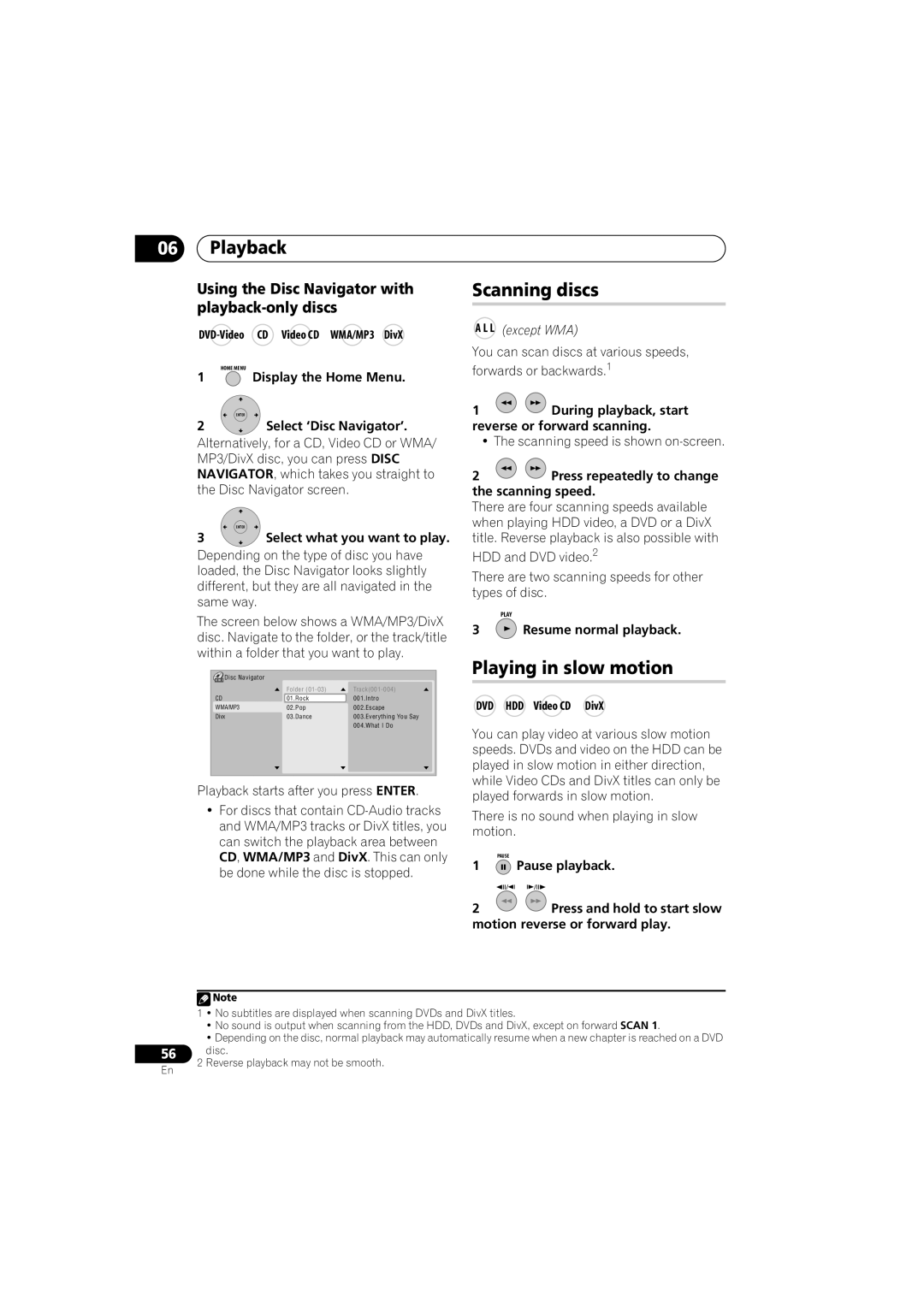 Pioneer DVR-650H-K Scanning discs, Playing in slow motion, Using the Disc Navigator with, Playback-only discs 