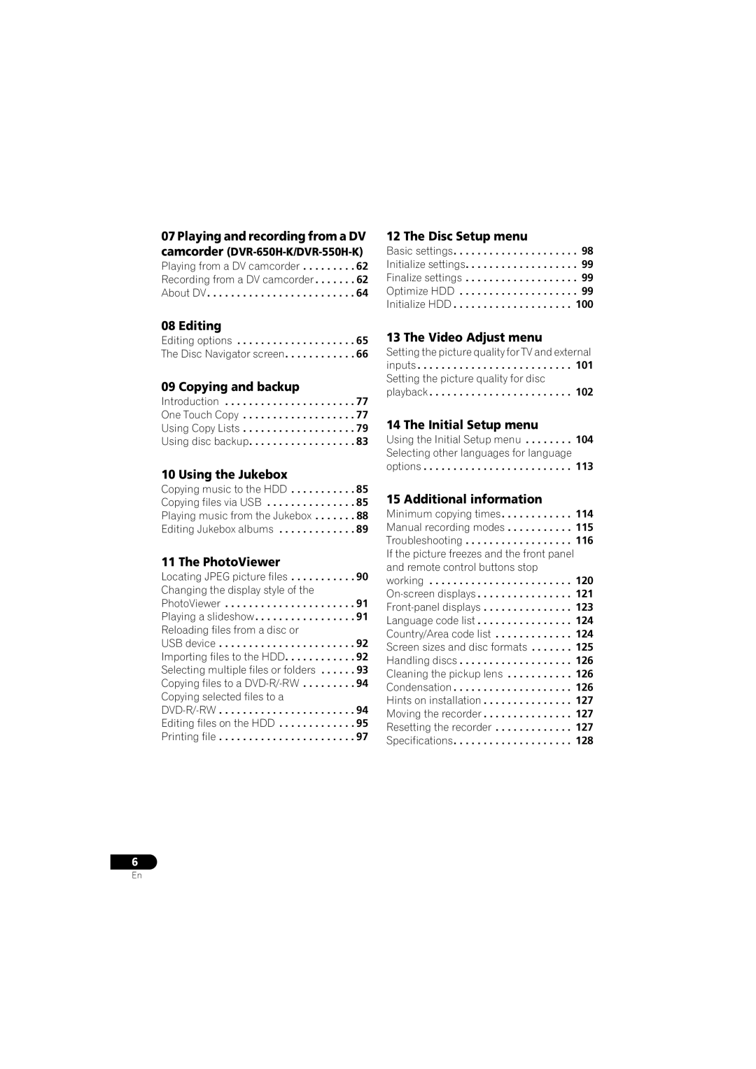 Pioneer DVR-650H-K Disc Setup menu, Editing, Copying and backup, Using the Jukebox, PhotoViewer, Video Adjust menu 