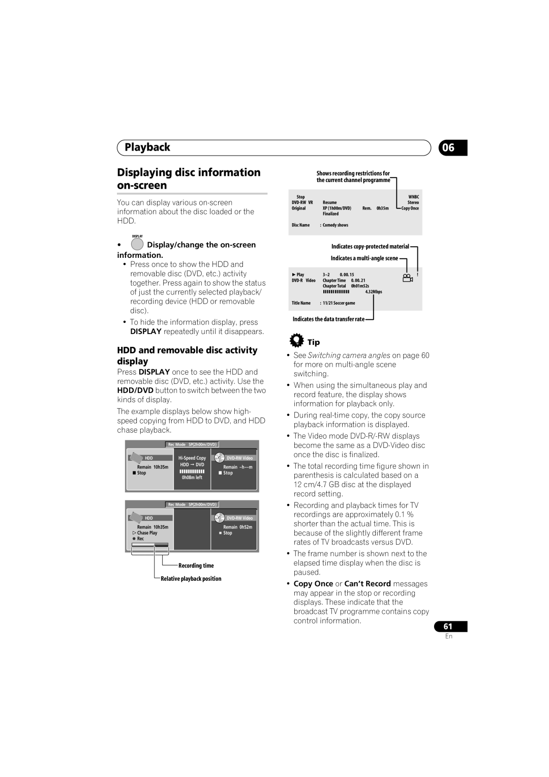 Pioneer DVR-650H-K Playback Displaying disc information on-screen, HDD and removable disc activity display 