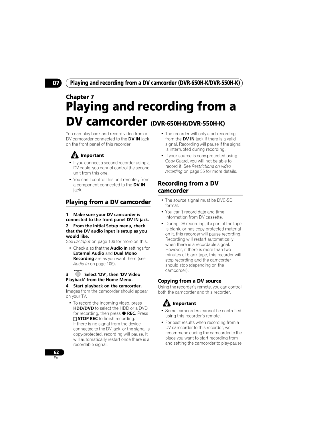 Pioneer DVR-650H-K Playing and recording from a DV camcorder, Playing from a DV camcorder, Copying from a DV source 