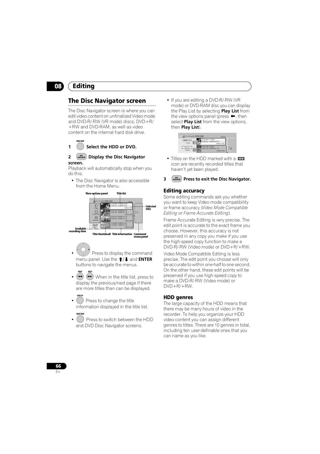 Pioneer DVR-650H-K Editing Disc Navigator screen, Editing accuracy, HDD genres, Display the Disc Navigator, Screen 