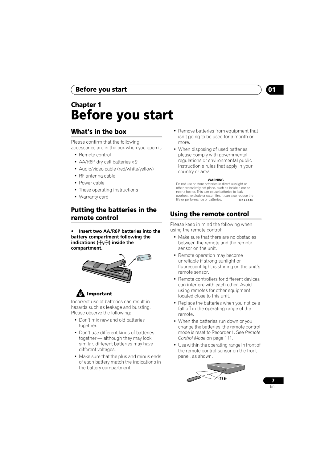 Pioneer DVR-650H-K Before you start Chapter, What’s in the box, Putting the batteries in the remote control 