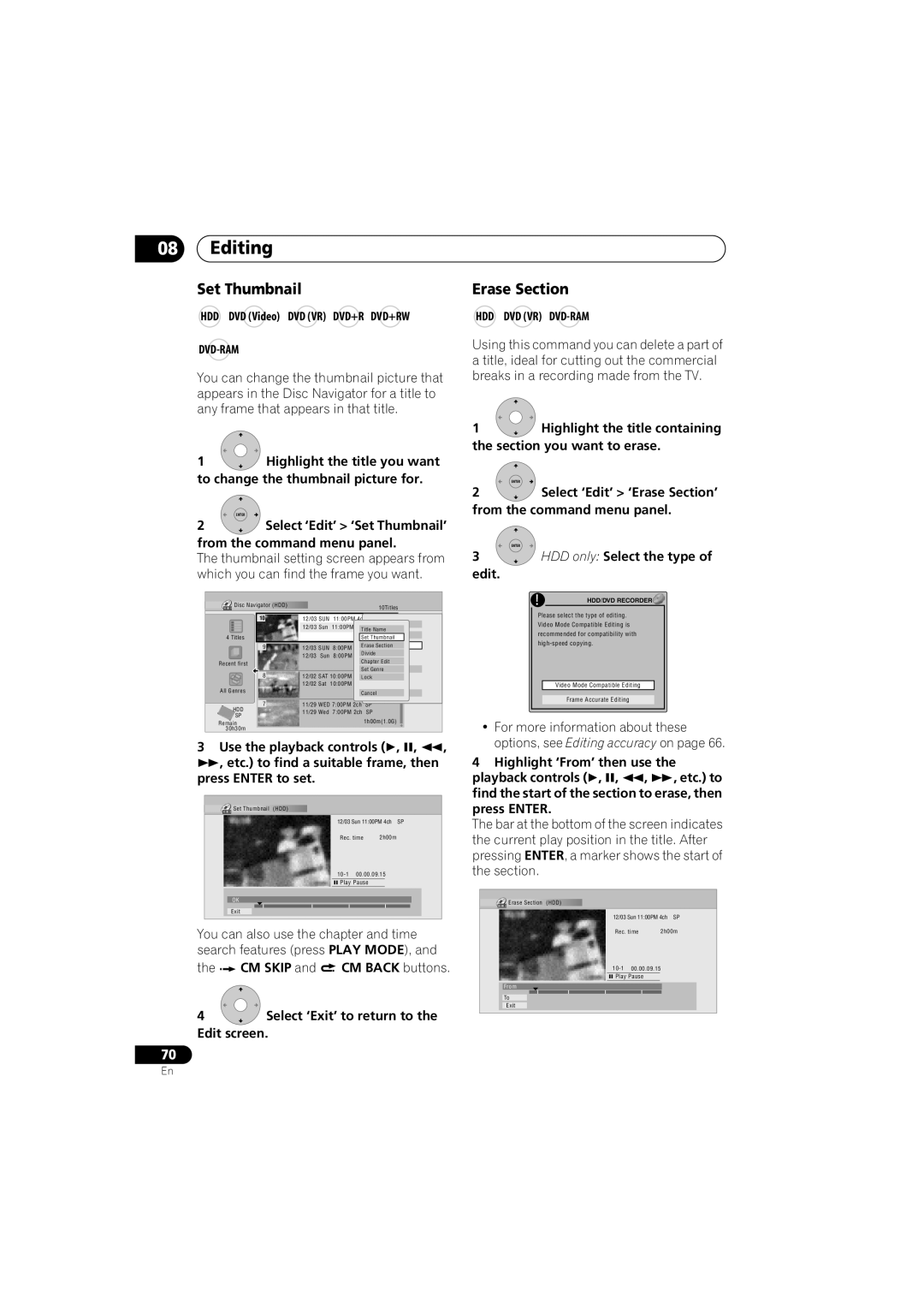 Pioneer DVR-650H-K operating instructions Set Thumbnail, Erase Section 