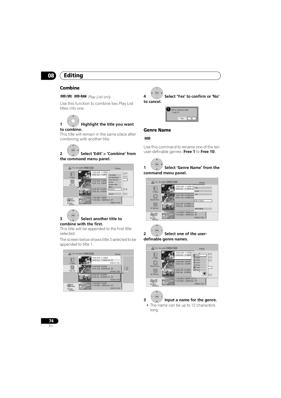 Pioneer DVR-650H-K operating instructions Combine, Genre Name 