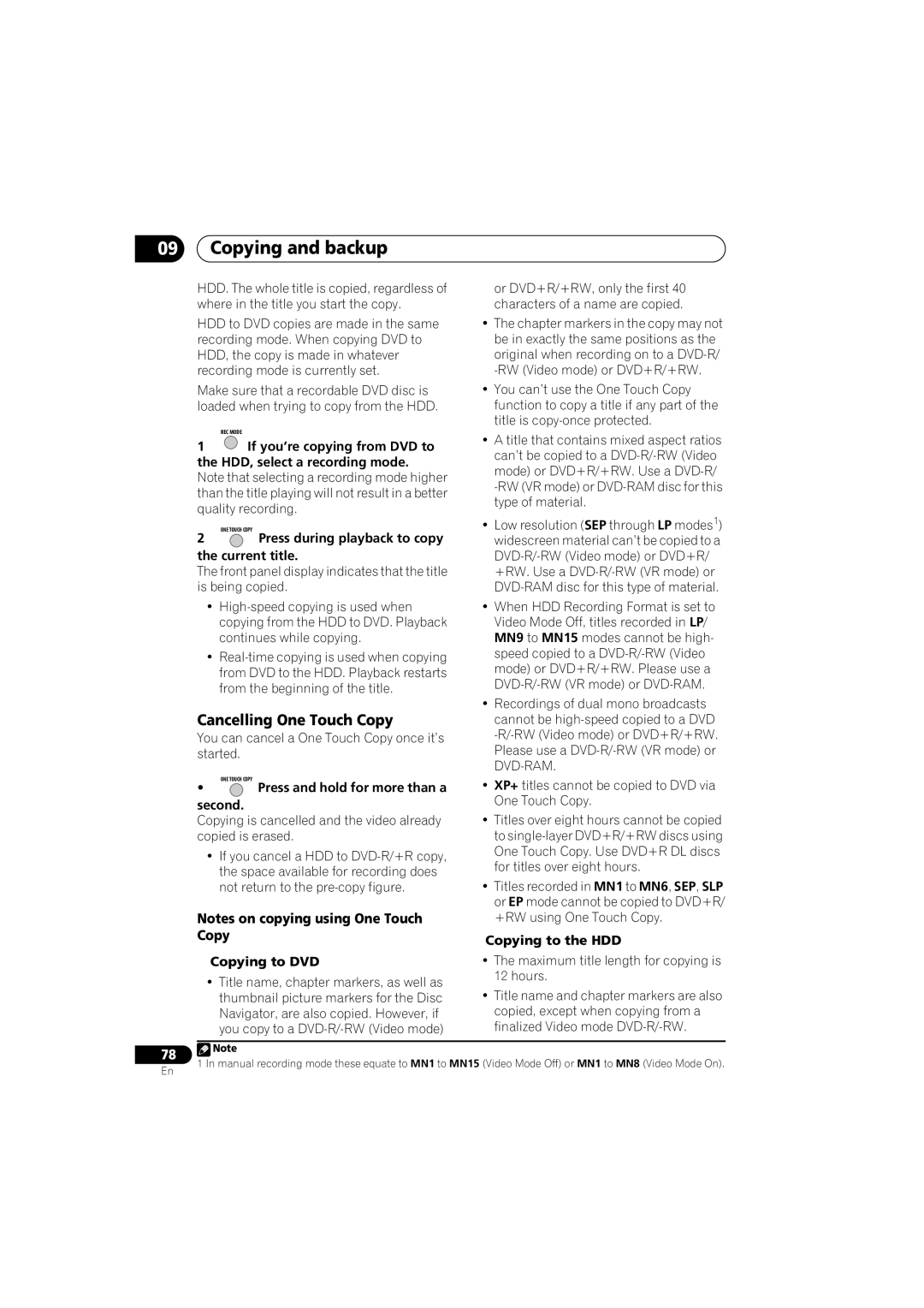 Pioneer DVR-650H-K operating instructions Copying and backup, Cancelling One Touch Copy 