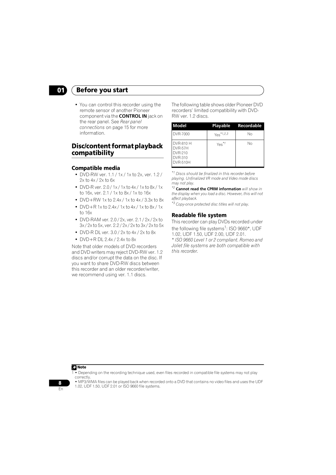 Pioneer DVR-650H-K Before you start, Disc/content format playback compatibility, Compatible media, Readable file system 