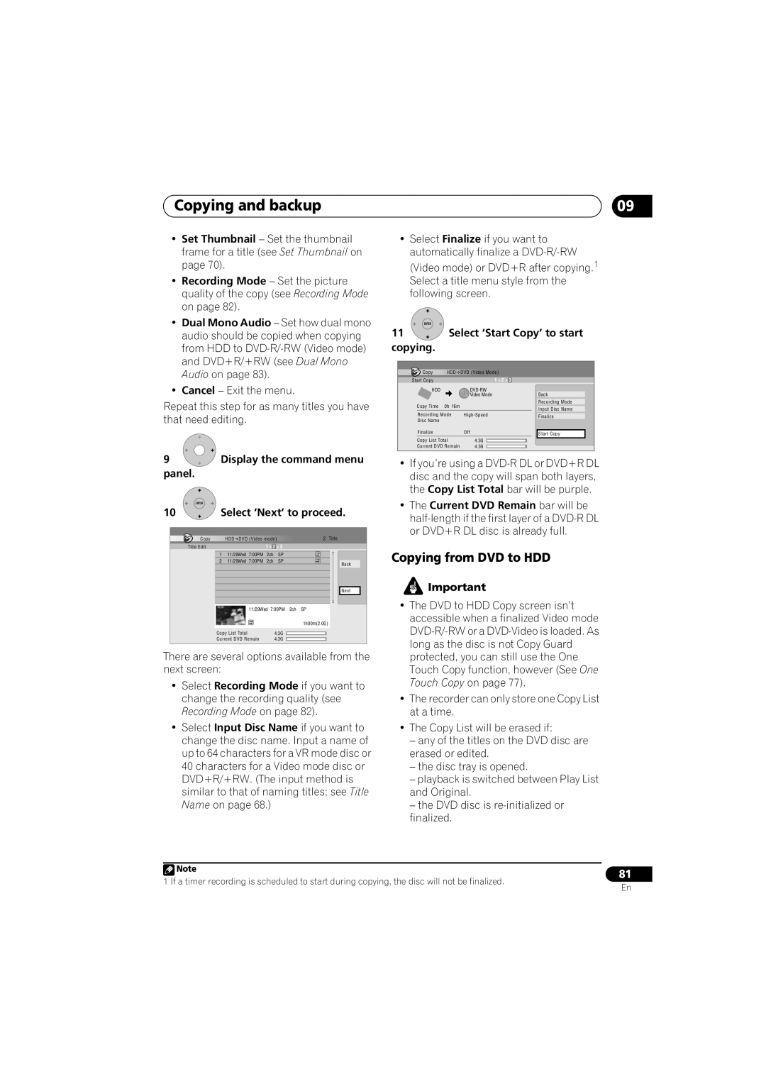 Pioneer DVR-650H-K operating instructions Copying from DVD to HDD, Display the command menu Panel, Select ‘Next’ to proceed 