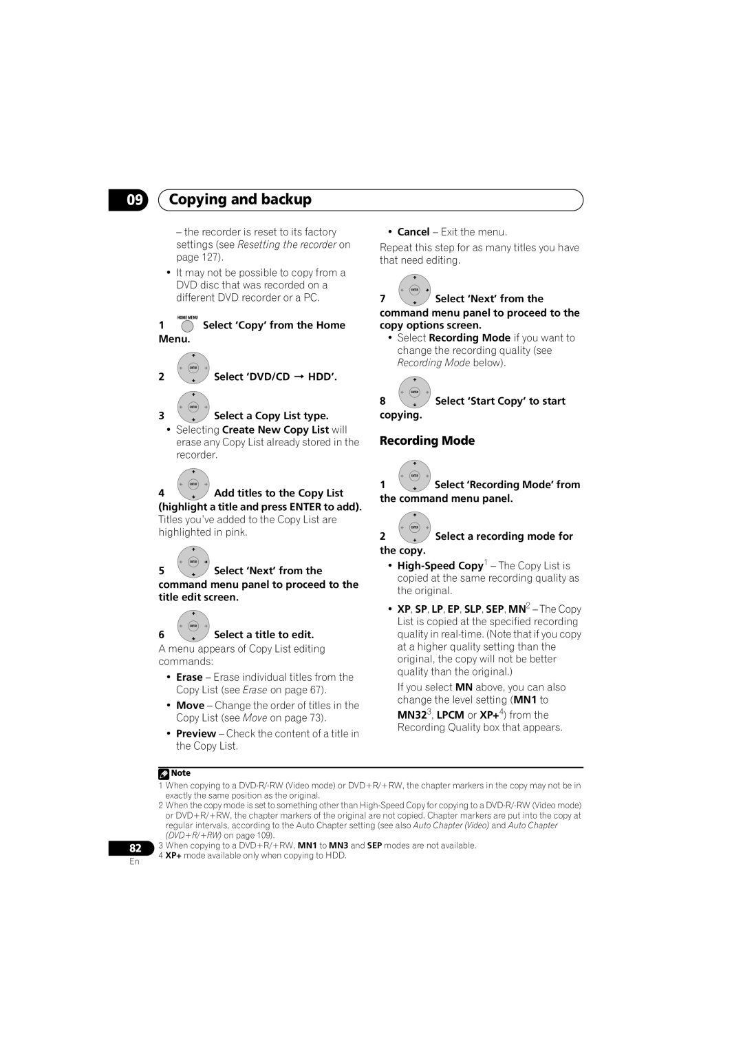 Pioneer DVR-650H-K operating instructions Recording Mode, Select ‘DVD/CD HDD’, Select ‘Start Copy’ to start Copying 